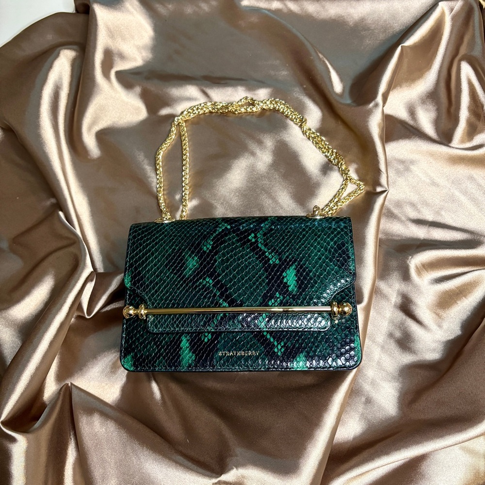 Strathberry East/West Mini Shoulder Bag in green snake  leather